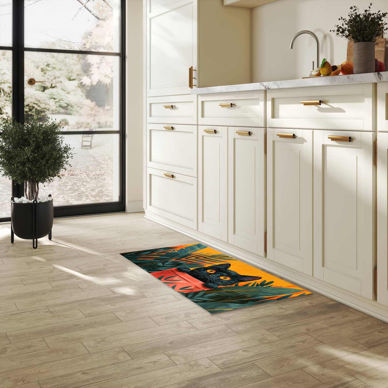 Feuchtigkeitsresistenter Bodenläufer mit Motiv Katze im Dschungel in heller Küche