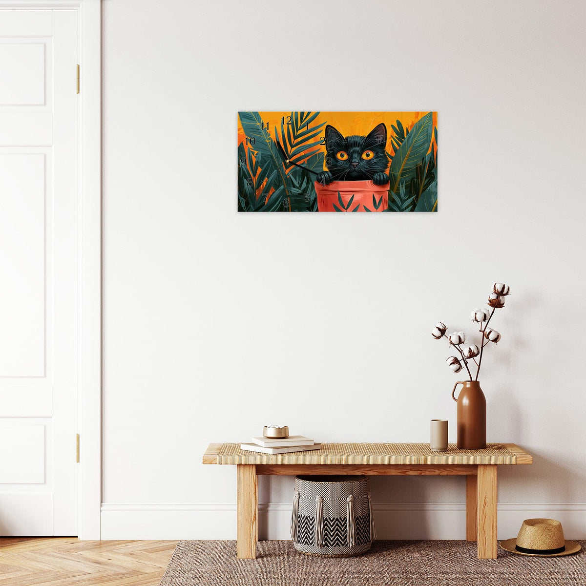 Moderne Wanduhr aus Glas mit Farbtiefe – Wanduhr Katze im Dschungel aus Glas – Querformat 60 × 30 cm