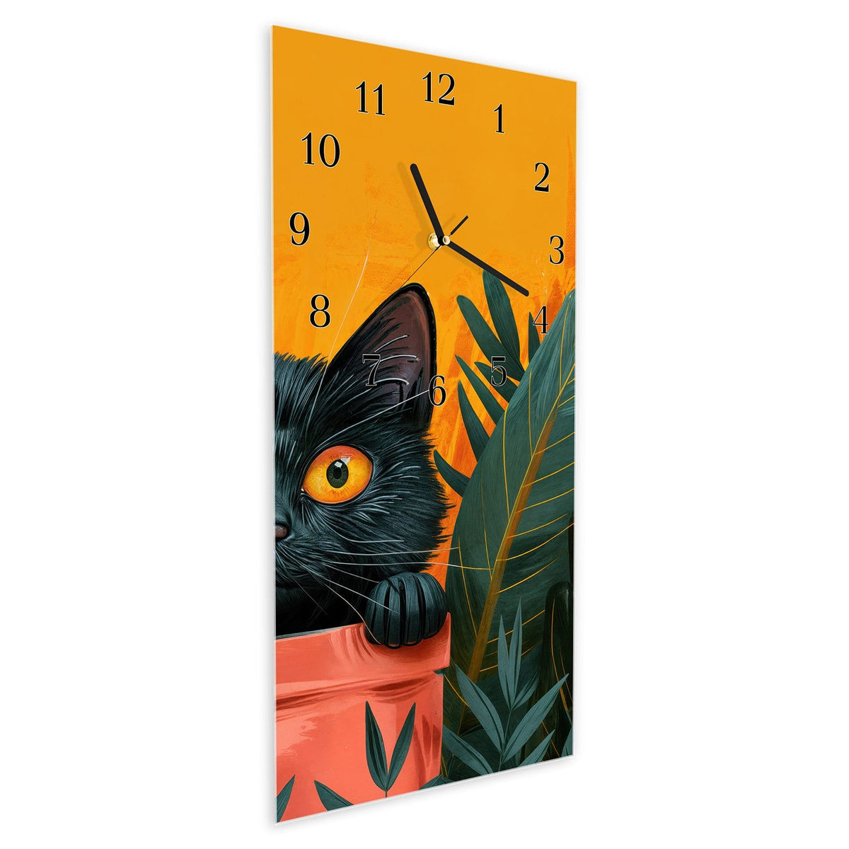 Vormontiert – mit Schwebeeffekt – Wanduhr Katze im Dschungel aus Glas – Hochformat 30 × 60 cm