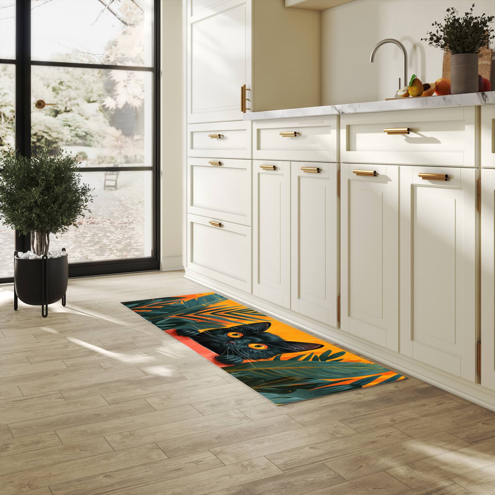 Küchenteppich mit Motiv Katze im Dschungel für Ordnung & Übersicht in heller Küche