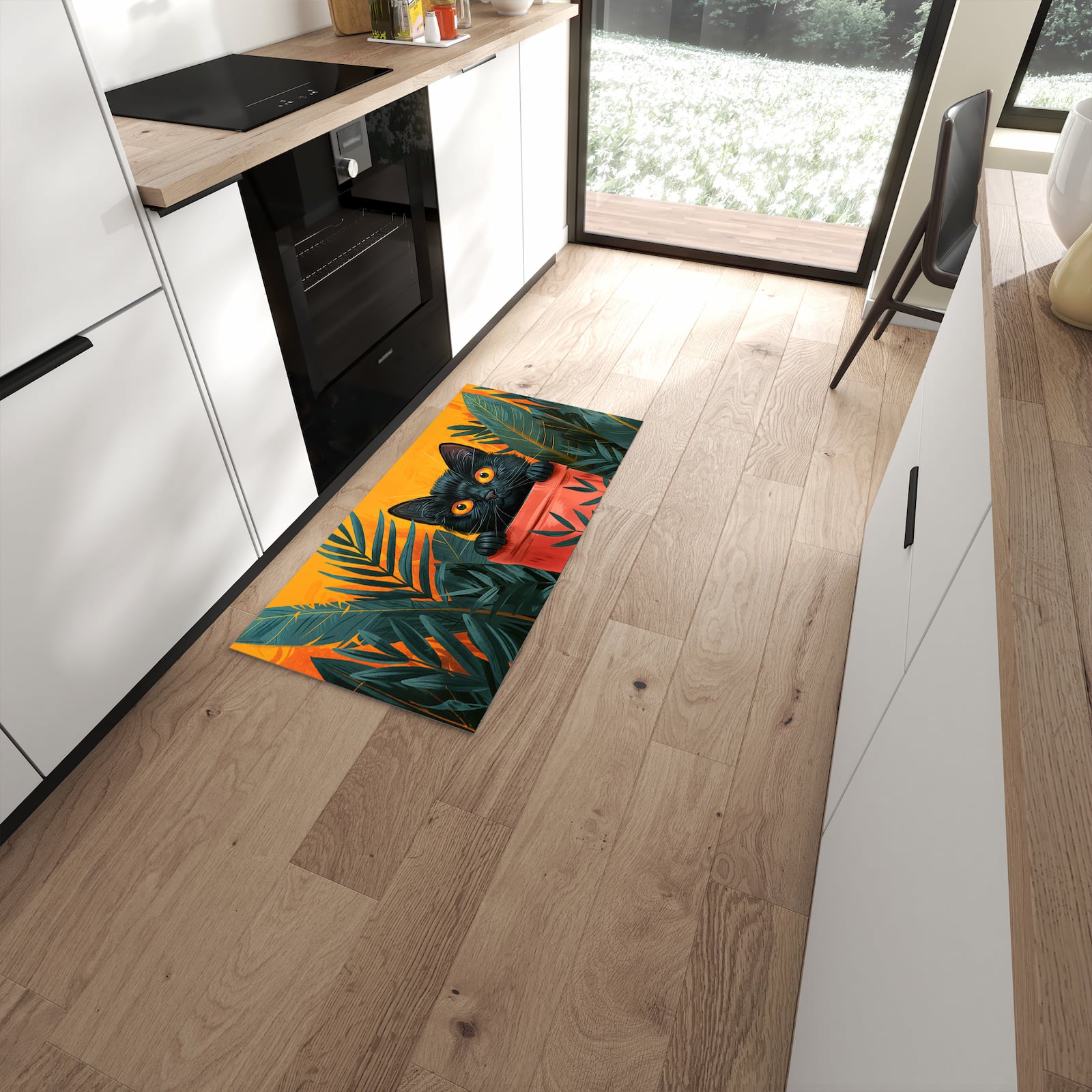 Küchenteppich mit Motiv Katze im Dschungel für angenehmes Stehen in moderner Küche #grösse_60 x 120 cm