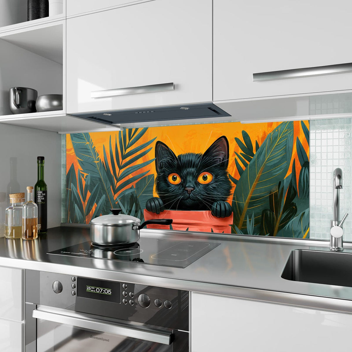 Küchenrückwand aus Glas Katze im Blumentopf im Hochformat als Spritzschutz hinter dem Kochfeld, über dem Fliesenspiegel montiert