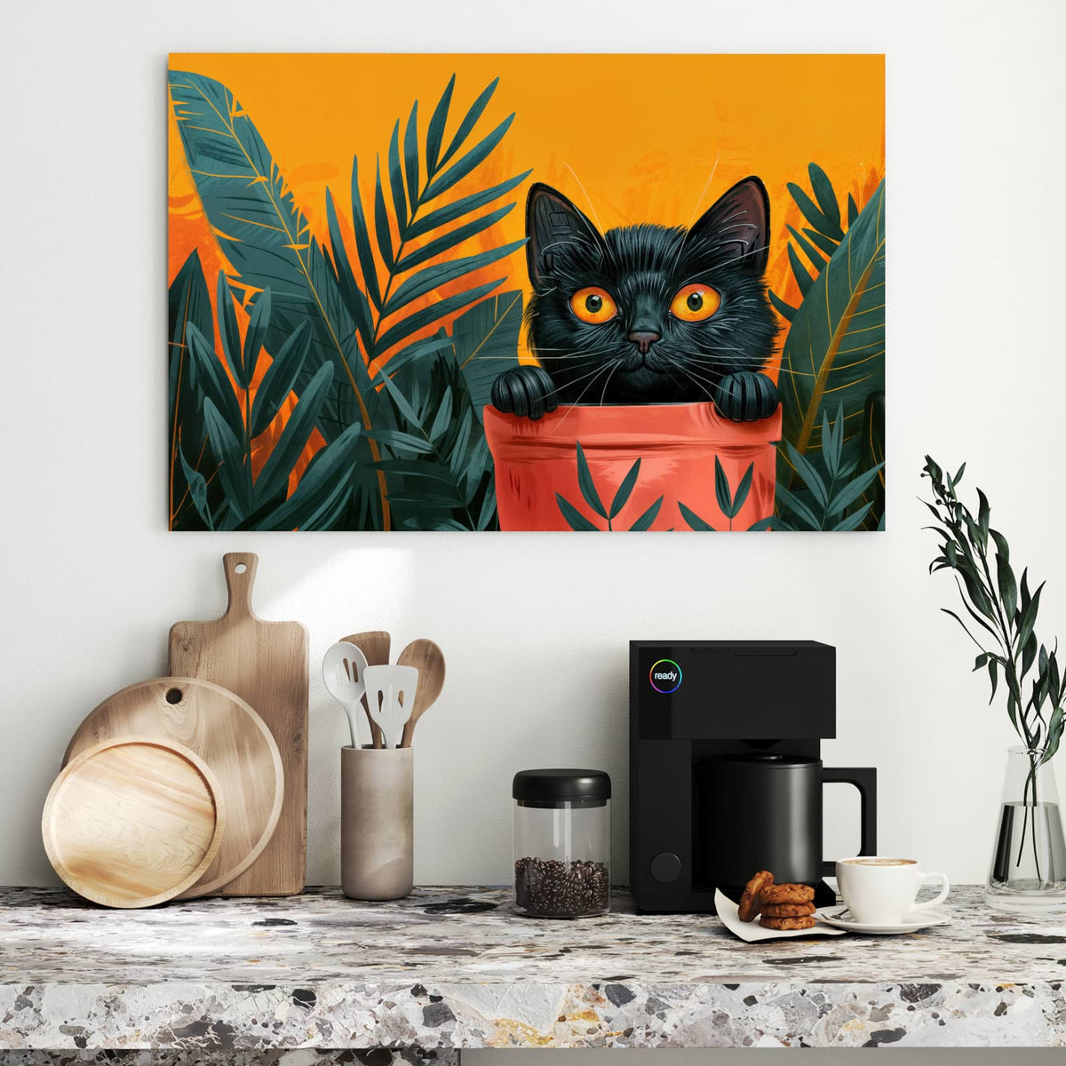 Metall Magnettafel - Katze im Blumentopf – Schwarze Katze im Blumentopf