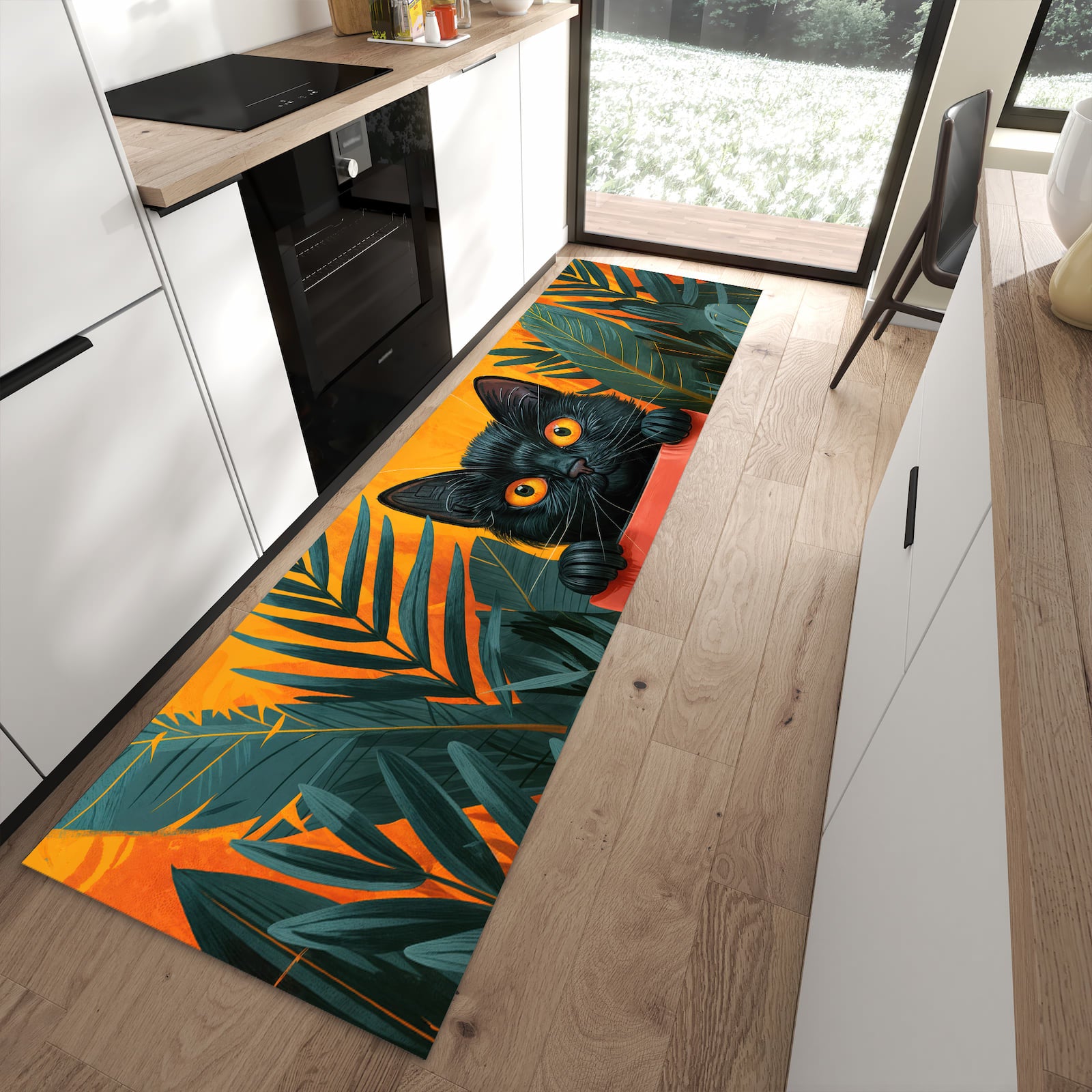 Bodenschonender rutschfester Küchenläufer mit Motiv Katze im Dschungel in moderner Küche