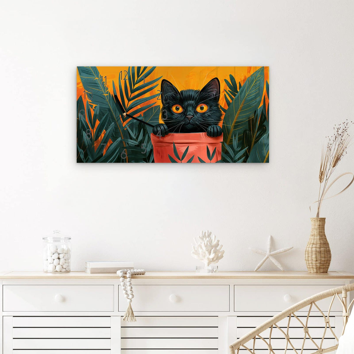 Wanduhr Katze im Dschungel aus Glas – Querformat 60 × 30 cm – Schwarze Katze im Blumentopf