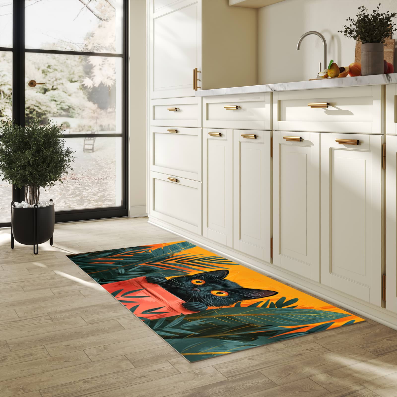Waschbarer Küchenteppich mit Motiv Katze im Dschungel für Trittkomfort in heller Küche