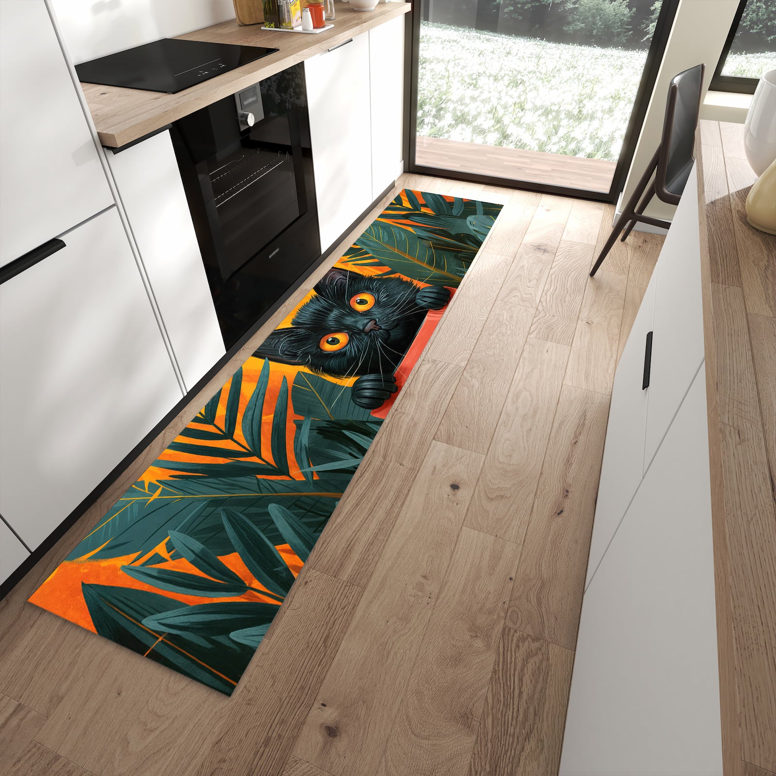 Langlebiger Küchenläufer mit Motiv Katze im Dschungel in moderner Küche