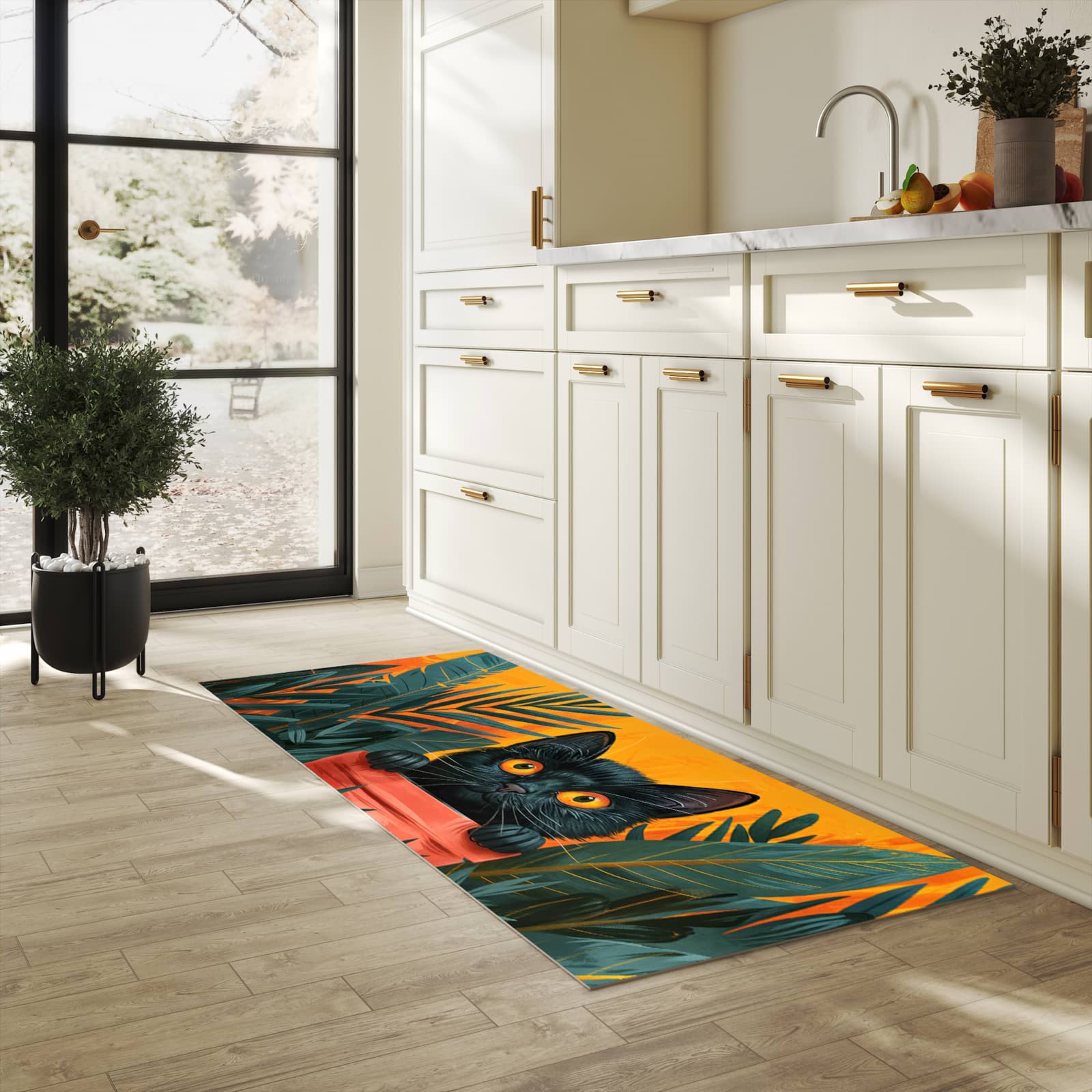 Zeitsparender Küchenteppich mit Motiv Katze im Dschungel in heller Küche - leicht waschbar