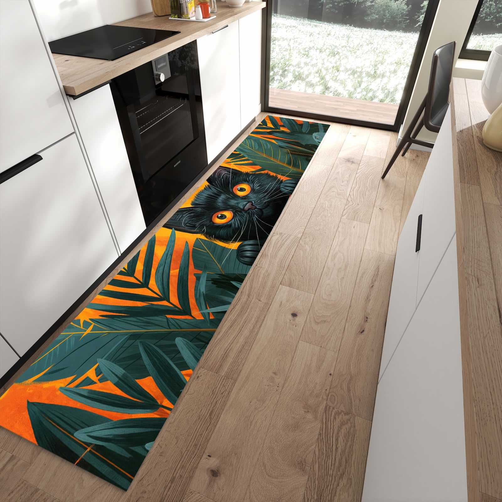 Rutschfester Küchenläufer mit Motiv Katze im Dschungel in moderner Küche