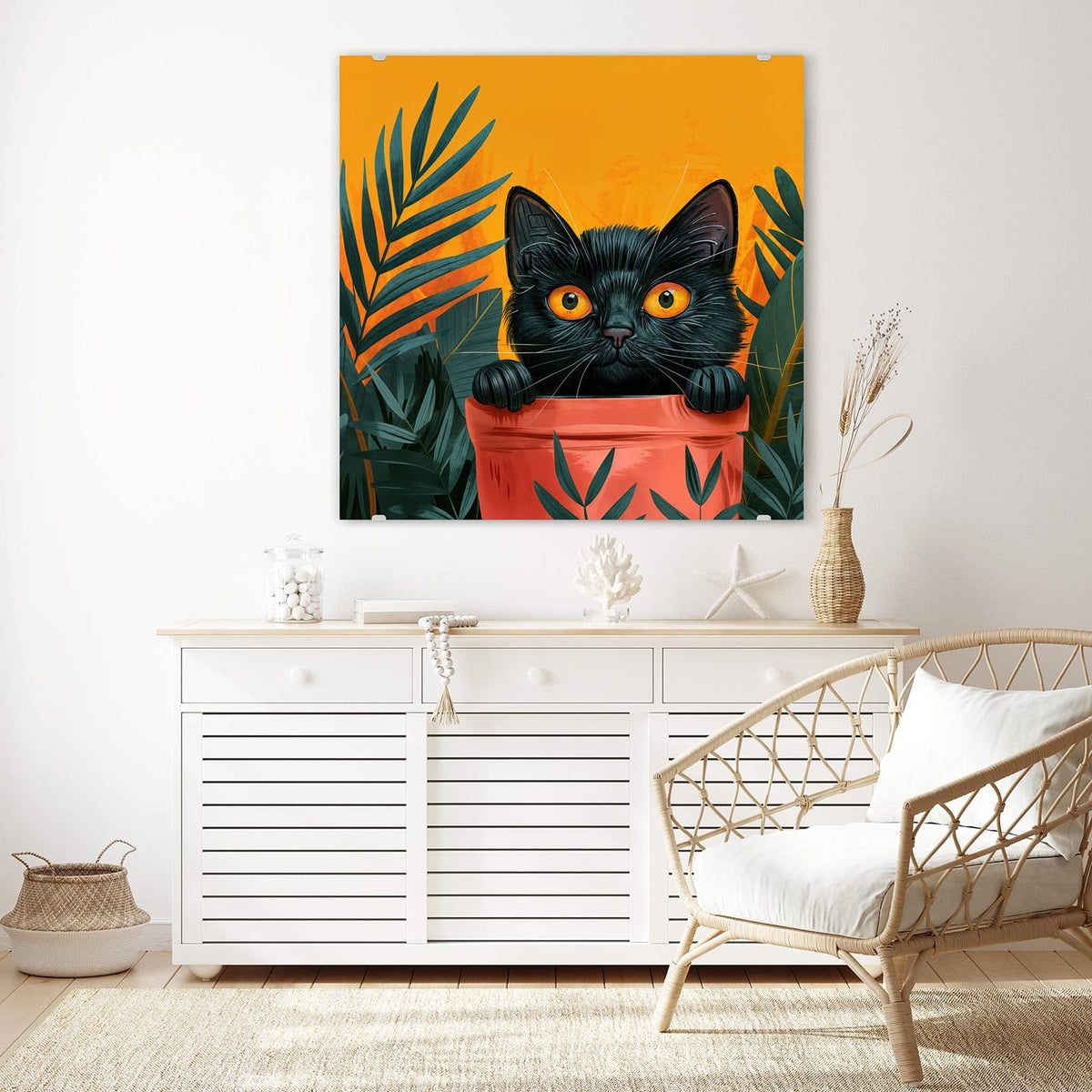 Echtglas, 4 mm – kein Acryl, keine Folie – Wandbild - Katze im Blumentopf - Quadratisch