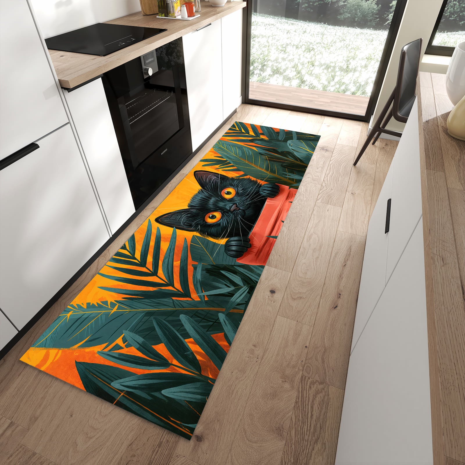 Rutschfester Küchenläufer mit Motiv Katze im Dschungel für Ordnung in moderner Küche