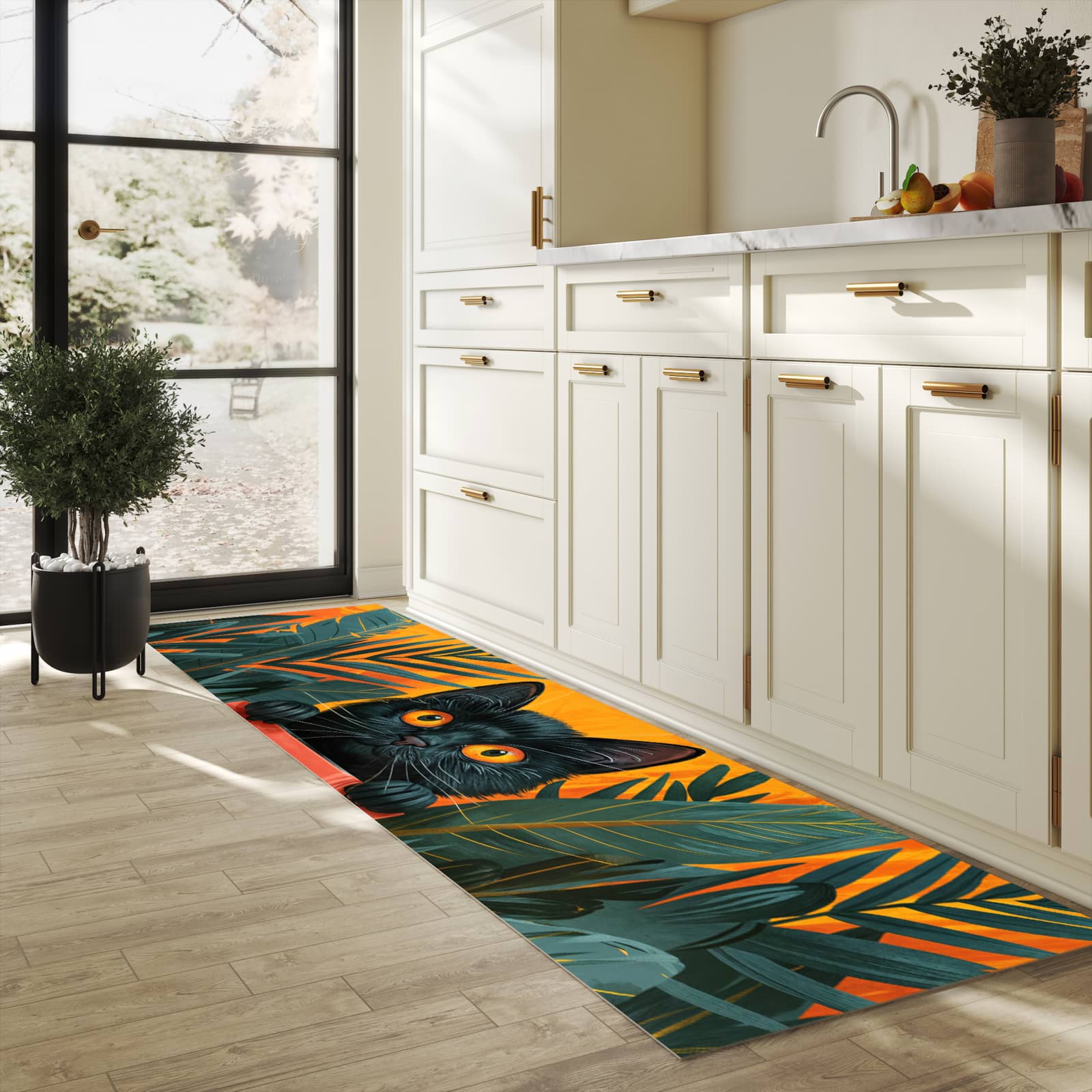 UV-beständiger Küchenteppich mit Motiv Katze im Dschungel in heller Küche