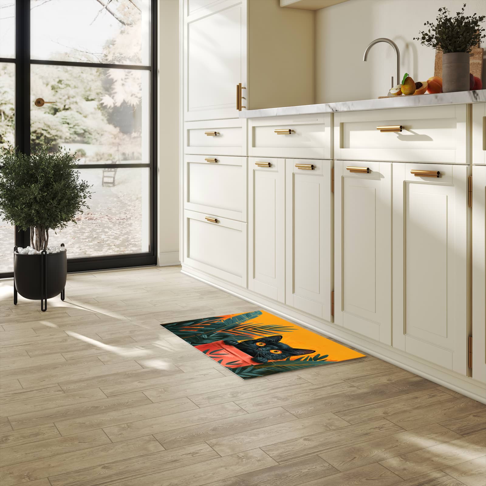 Küchenteppich mit Motiv Katze im Dschungel in heller Küche für sicheres Aufbewahren