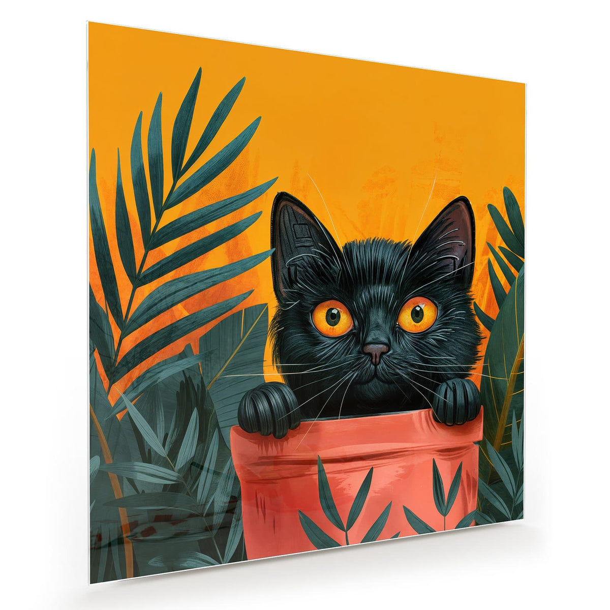 Illustrierte schwarze Katze mit orangen Augen, die aus einem roten Blumentopf schaut, Palmblätter vor Orange
