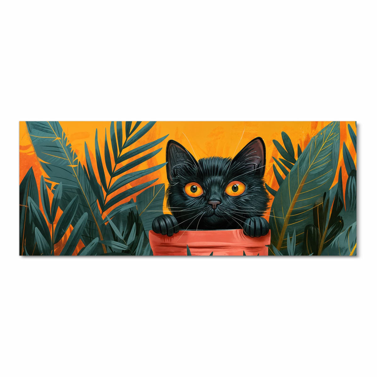 Illustrierte schwarze Katze mit orangen Augen, die aus einem roten Blumentopf schaut, Palmblätter vor Orange