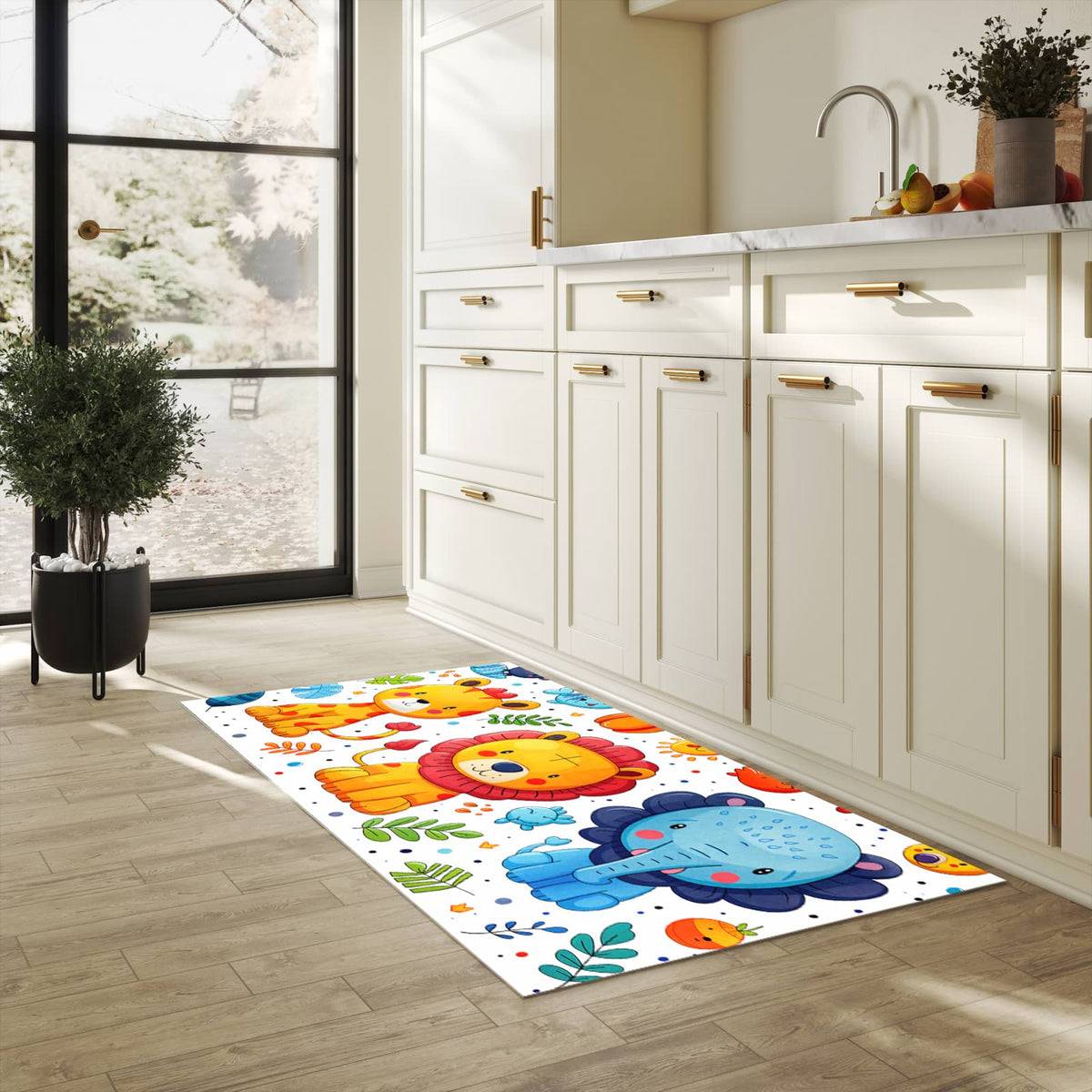 Langlebiger Teppich für Esstisch mit Motiv Tierisches Design in heller Küche, waschbar