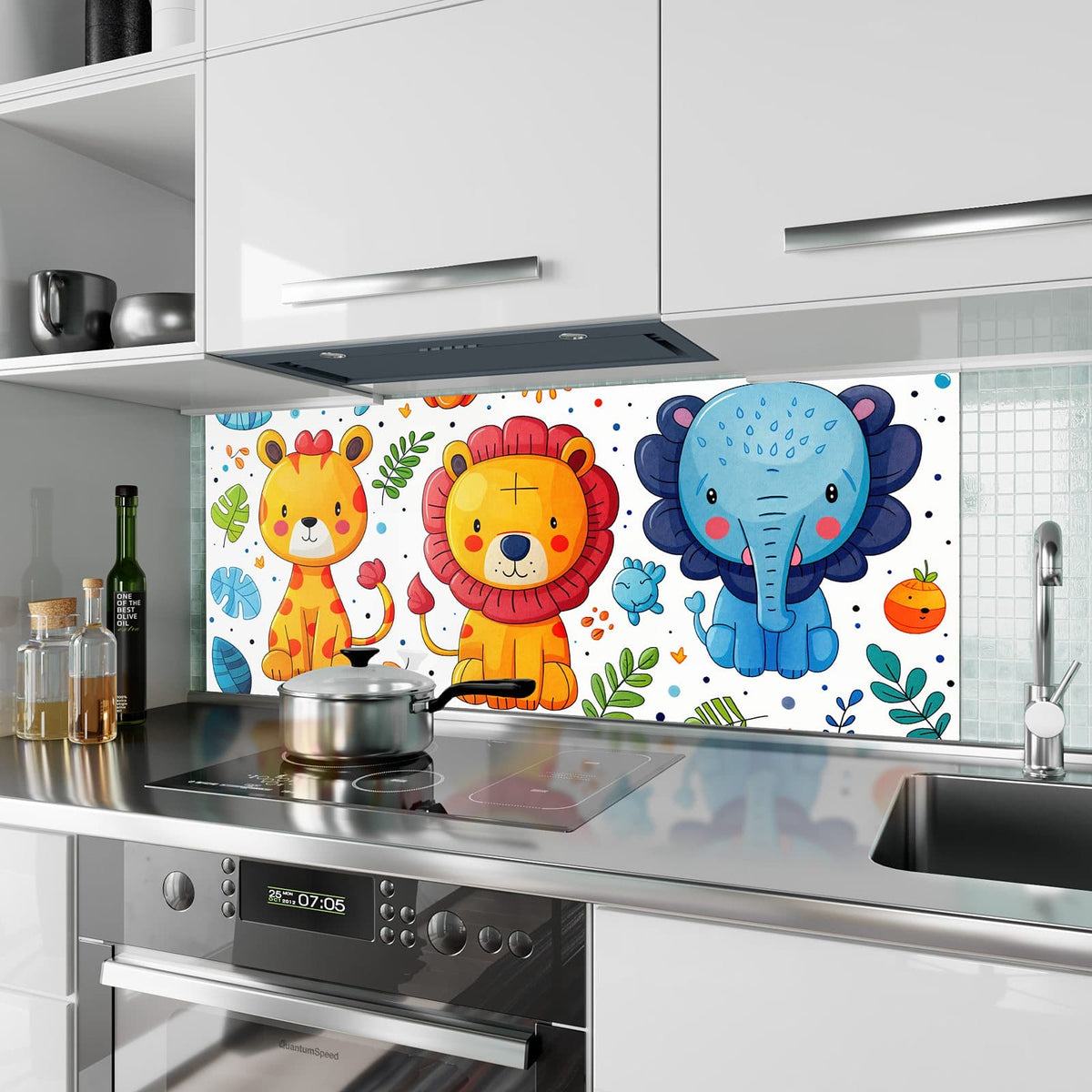 Küchenrückwand aus Glas Löwe und Leopard im Hochformat als Spritzschutz hinter dem Kochfeld, über dem Fliesenspiegel montiert
