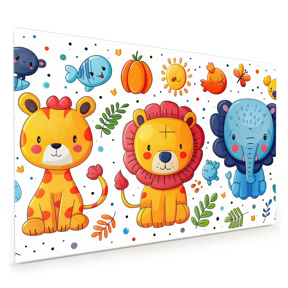 Küchenrückwand aus Glas im Hochformat: Cartoon-Löwe mit roter Mähne und gelber Leopard, dazu Fische, Vogel und lachende Sonne