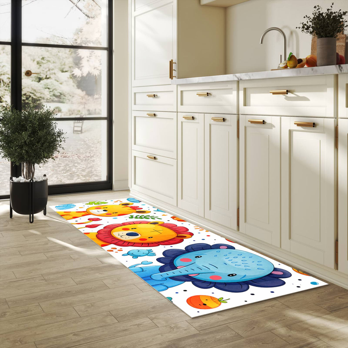 Hygienischer rutschfester Küchenteppich mit Motiv Tierisches Design in heller Küche