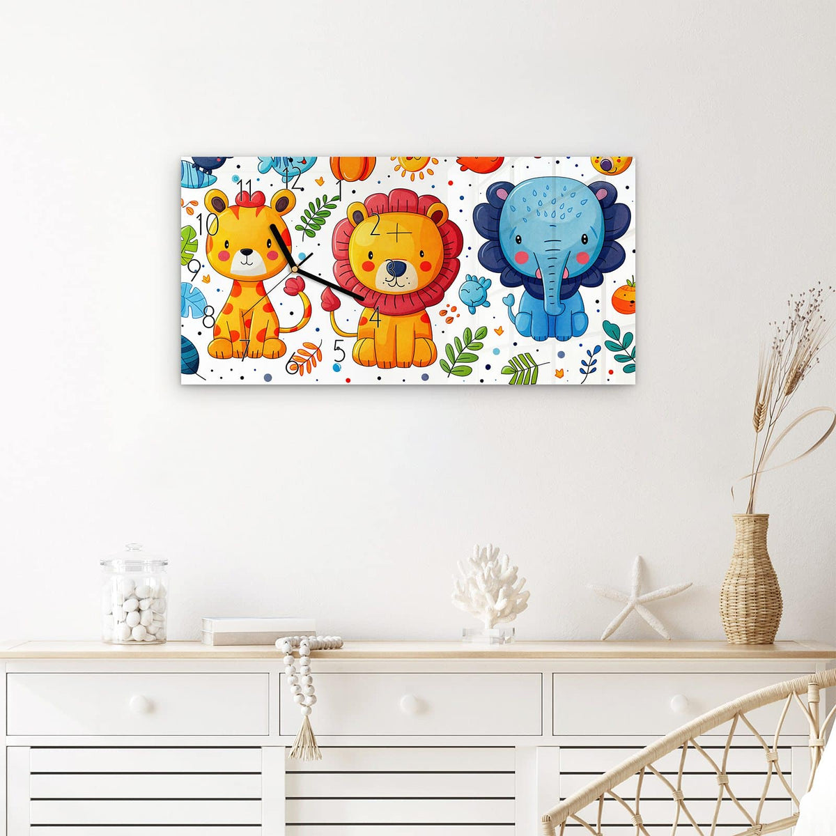Wanduhr Tierisches Design aus Glas – Querformat 60 × 30 cm – Lächelnde Dschungeltiere im Cartoon