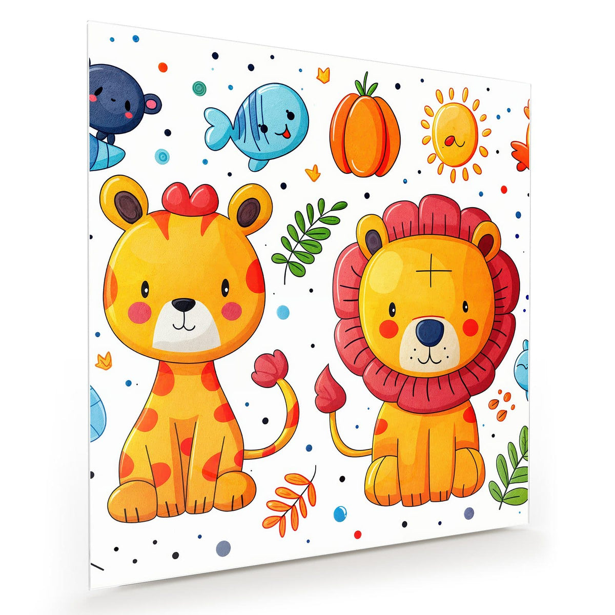 Cartoon-Löwe mit roter Mähne und gelber Leopard, dazu Fische, Vogel und lachende Sonne