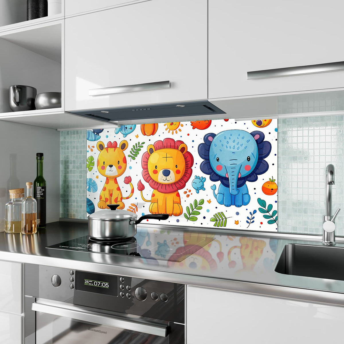 Küchenrückwand aus Glas Löwe und Leopard im Hochformat als Spritzschutz hinter dem Kochfeld, über dem Fliesenspiegel montiert
