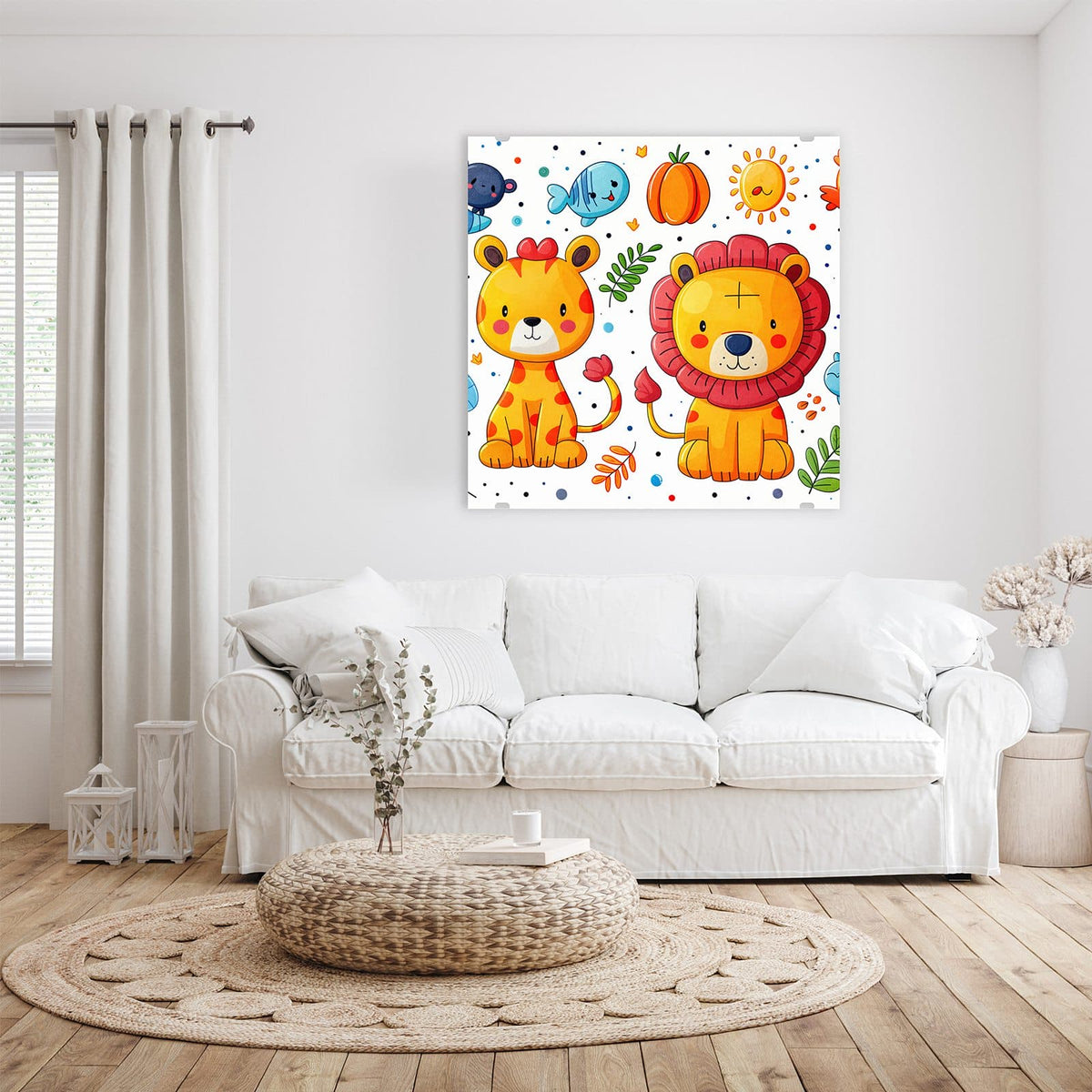 Glasbild Löwe und Leopard an der Wand – Cartoon-Löwe mit roter Mähne und gelber Leopard, dazu Fische, Vogel und lachende Sonne