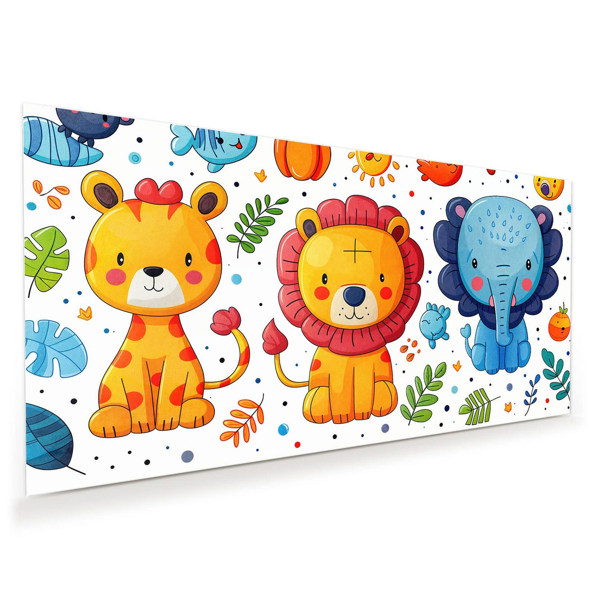 Cartoon-Löwe mit roter Mähne und gelber Leopard, dazu Fische, Vogel und lachende Sonne