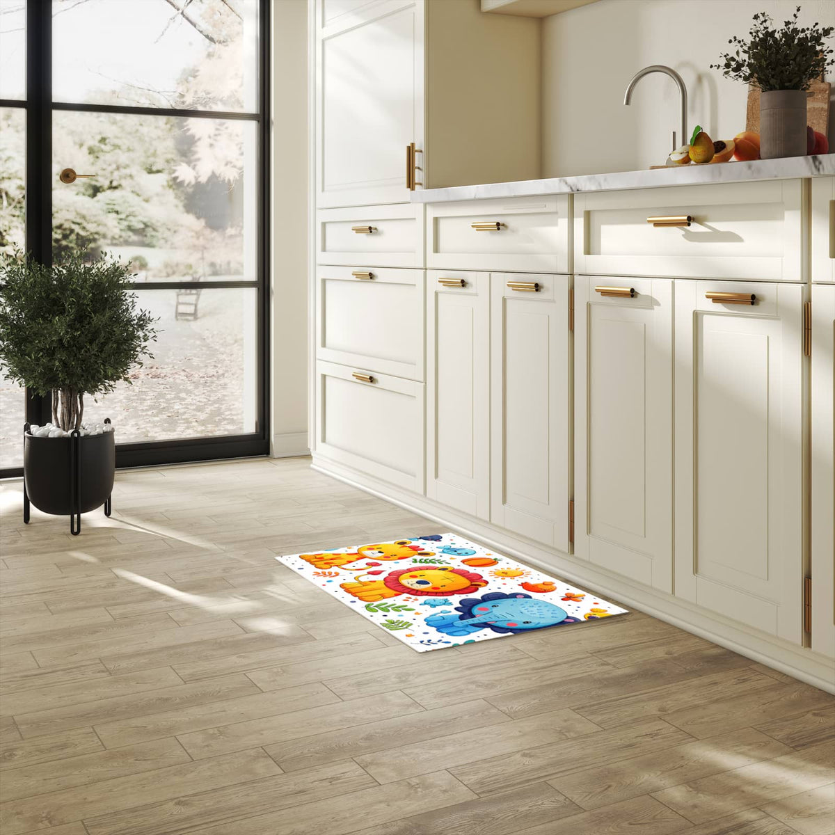 Pflegeleichter Läufer mit Motiv Tierisches Design in heller Küche für einfache Reinigung