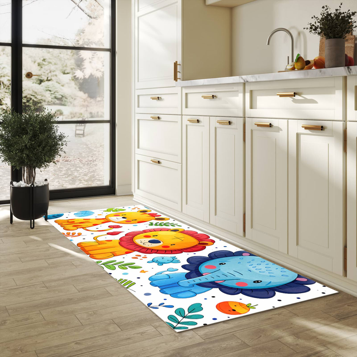 Rutschfester Küchenteppich mit Motiv Tierisches Design in heller Küche