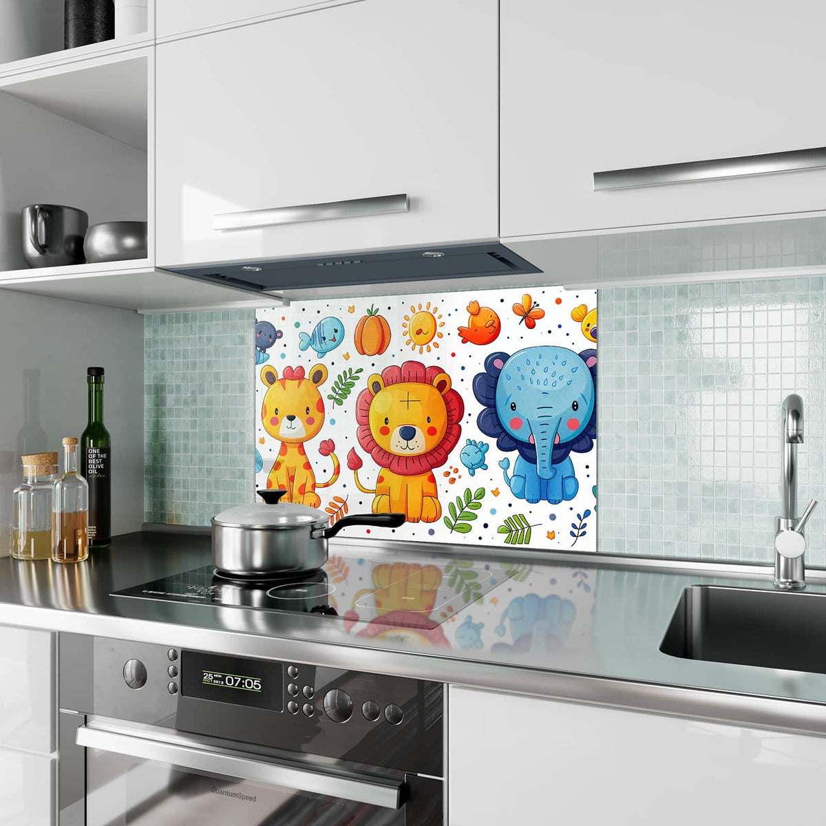 Küchenrückwand aus Glas Löwe und Leopard im Hochformat als Spritzschutz hinter dem Kochfeld, über dem Fliesenspiegel montiert