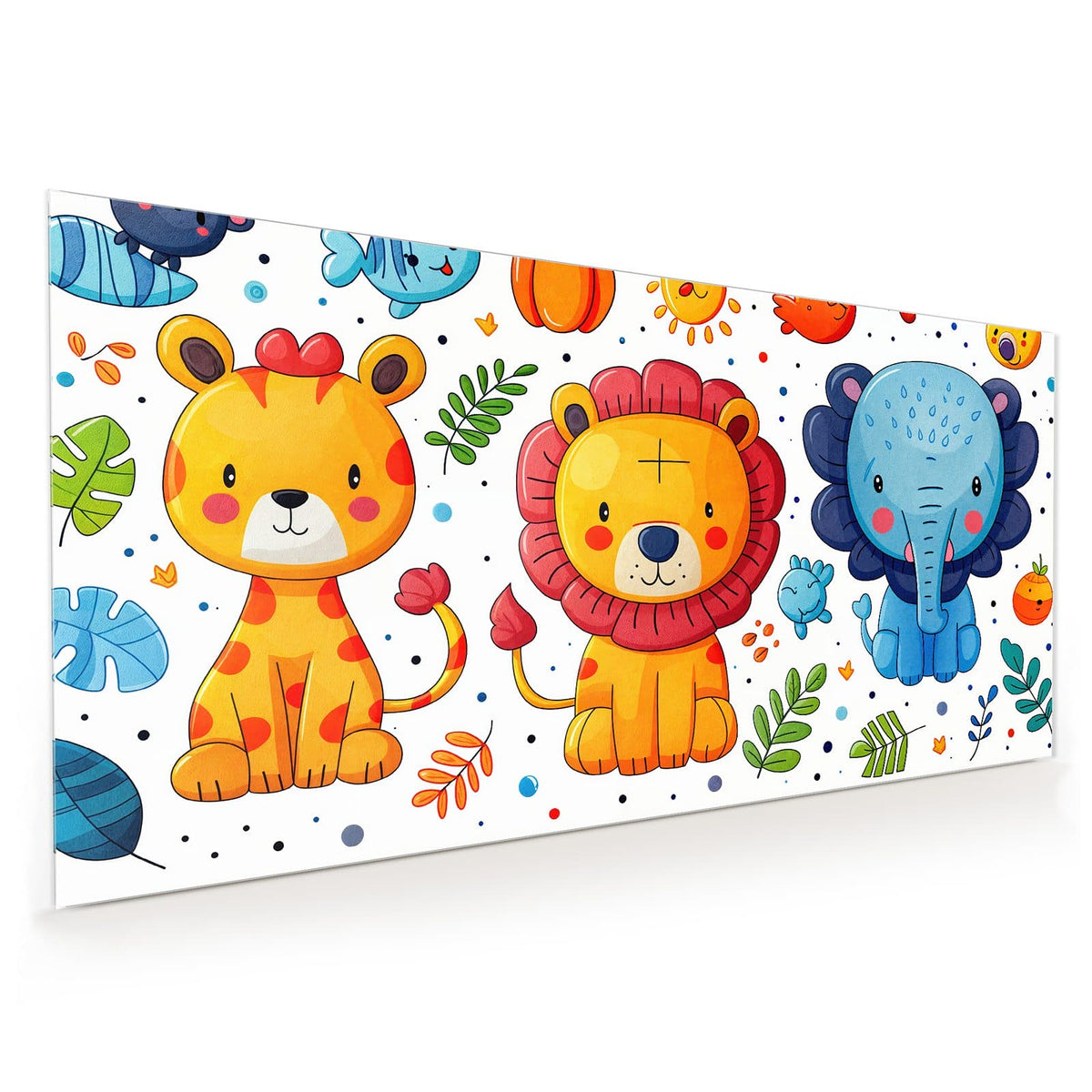 Küchenrückwand aus Glas im Hochformat: Cartoon-Löwe mit roter Mähne und gelber Leopard, dazu Fische, Vogel und lachende Sonne