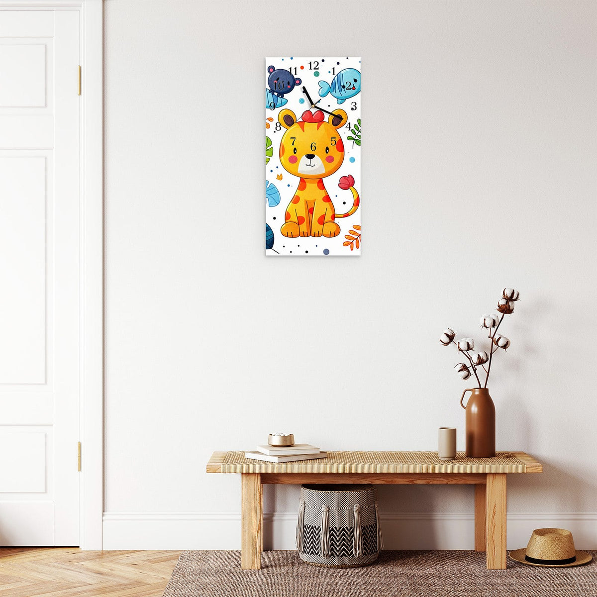 Moderne Wanduhr aus Glas mit Farbtiefe – Wanduhr Tierisches Design aus Glas – Hochformat 30 × 60 cm