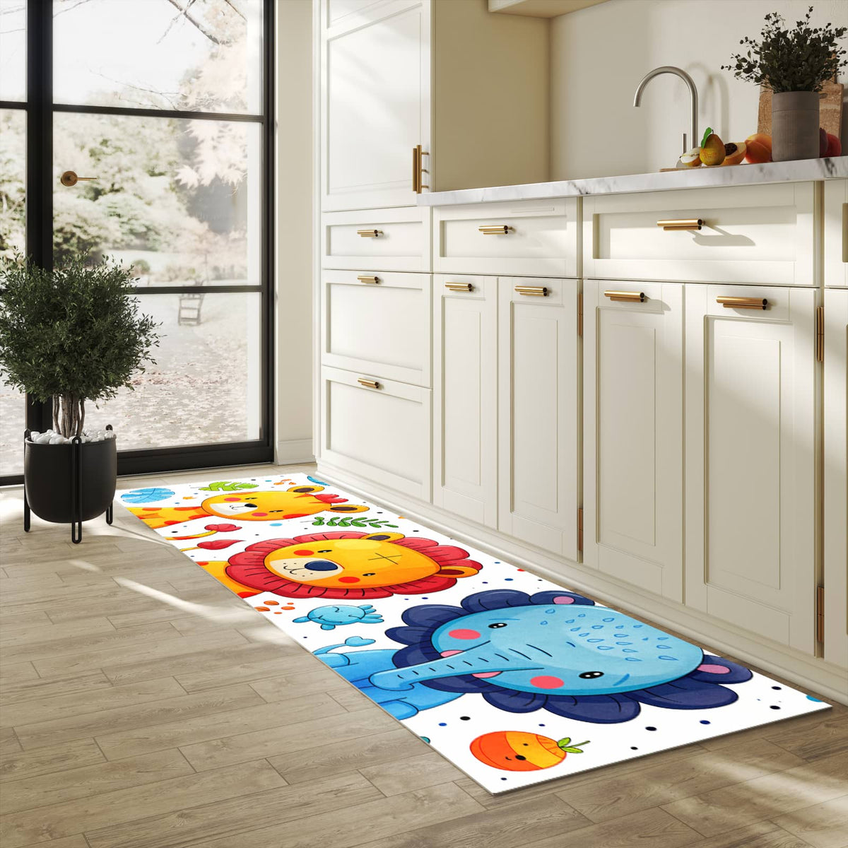 Strapazierfähiger dünner Küchenteppich mit Motiv Tierisches Design in heller Küche