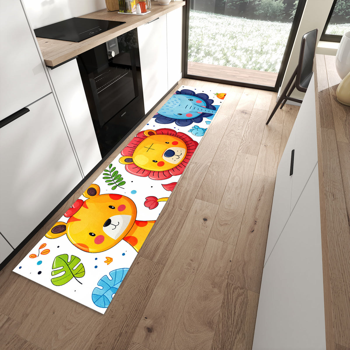 Fleckenresistenter rutschfester Küchenteppich mit Motiv Tierisches Design in moderner Küche