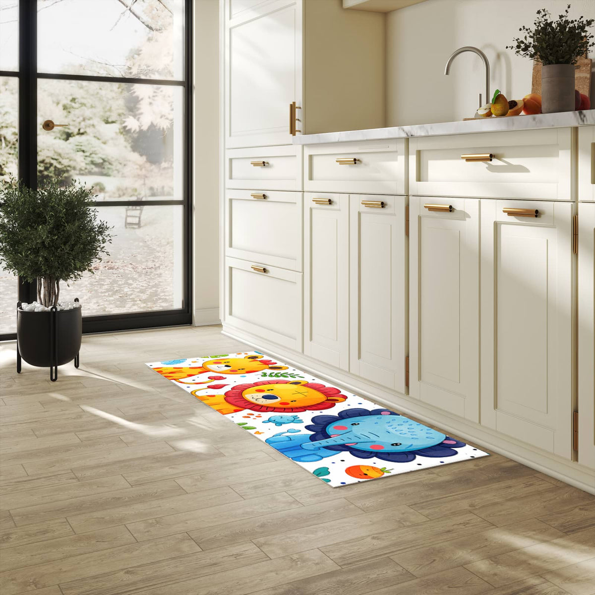Flacher waschbarer Läufer für die Küche mit Motiv Tierisches Design in heller Küche