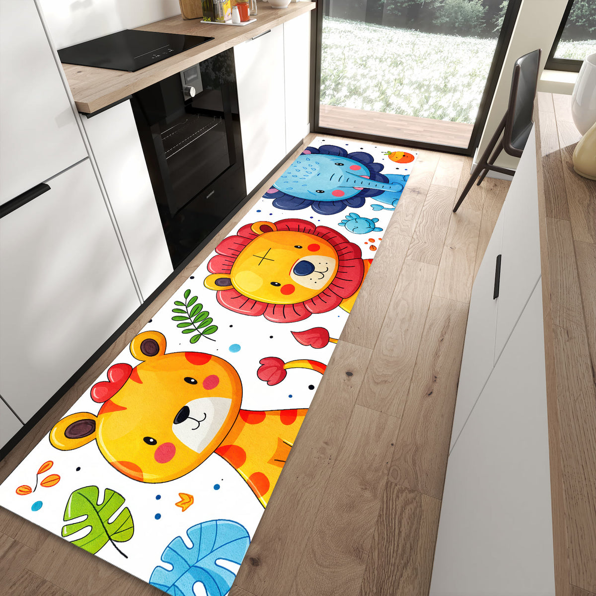 Komfortabler rutschfester Küchenteppich mit Motiv Tierisches Design in moderner Küche