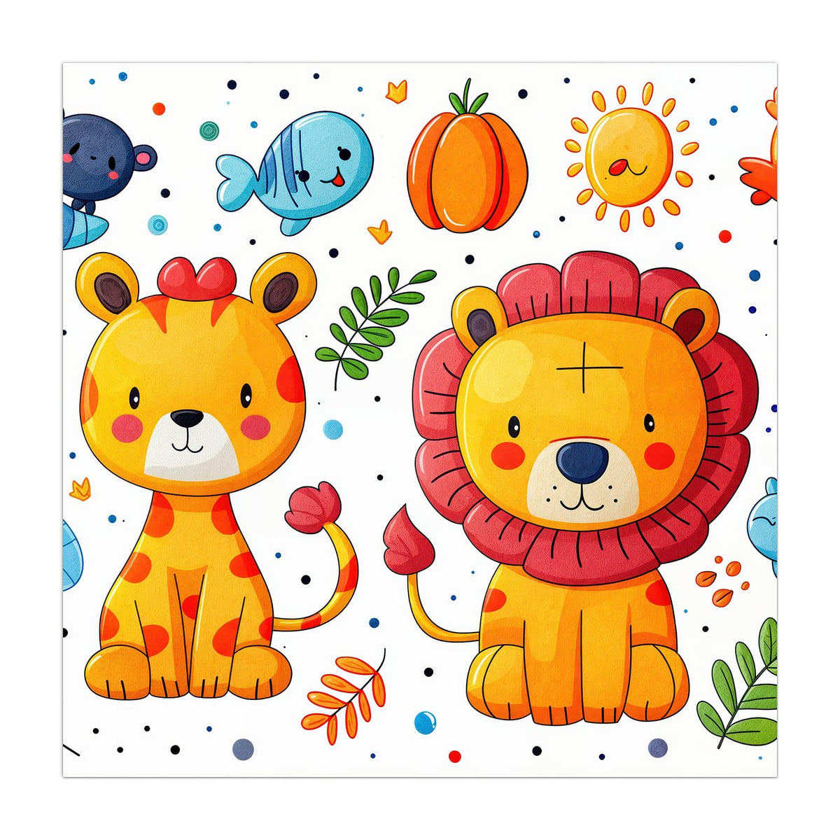 Cartoon-Löwe mit roter Mähne und gelber Leopard, dazu Fische, Vogel und lachende Sonne