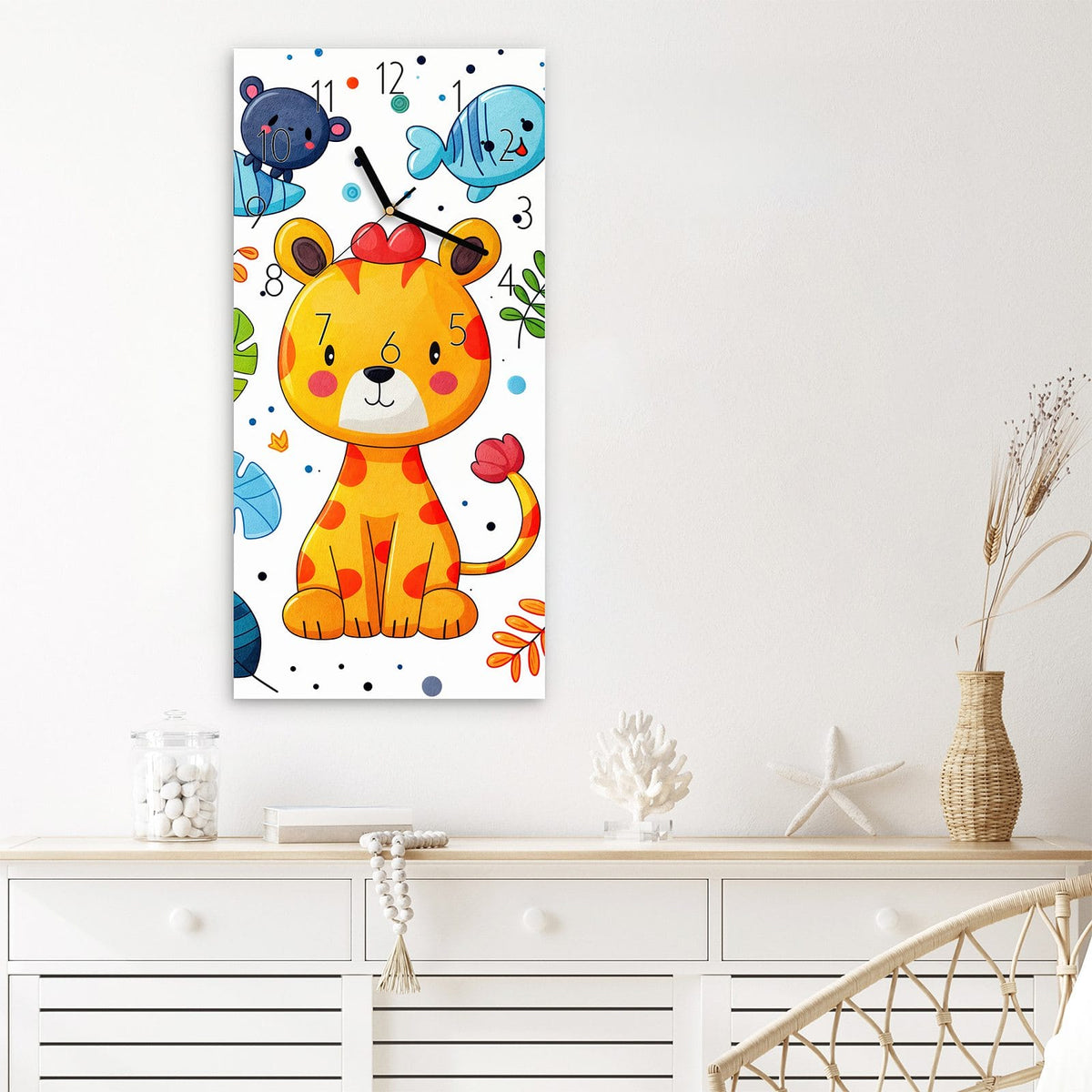 Wanduhr Tierisches Design aus Glas – Lächelnde Dschungeltiere im Cartoon