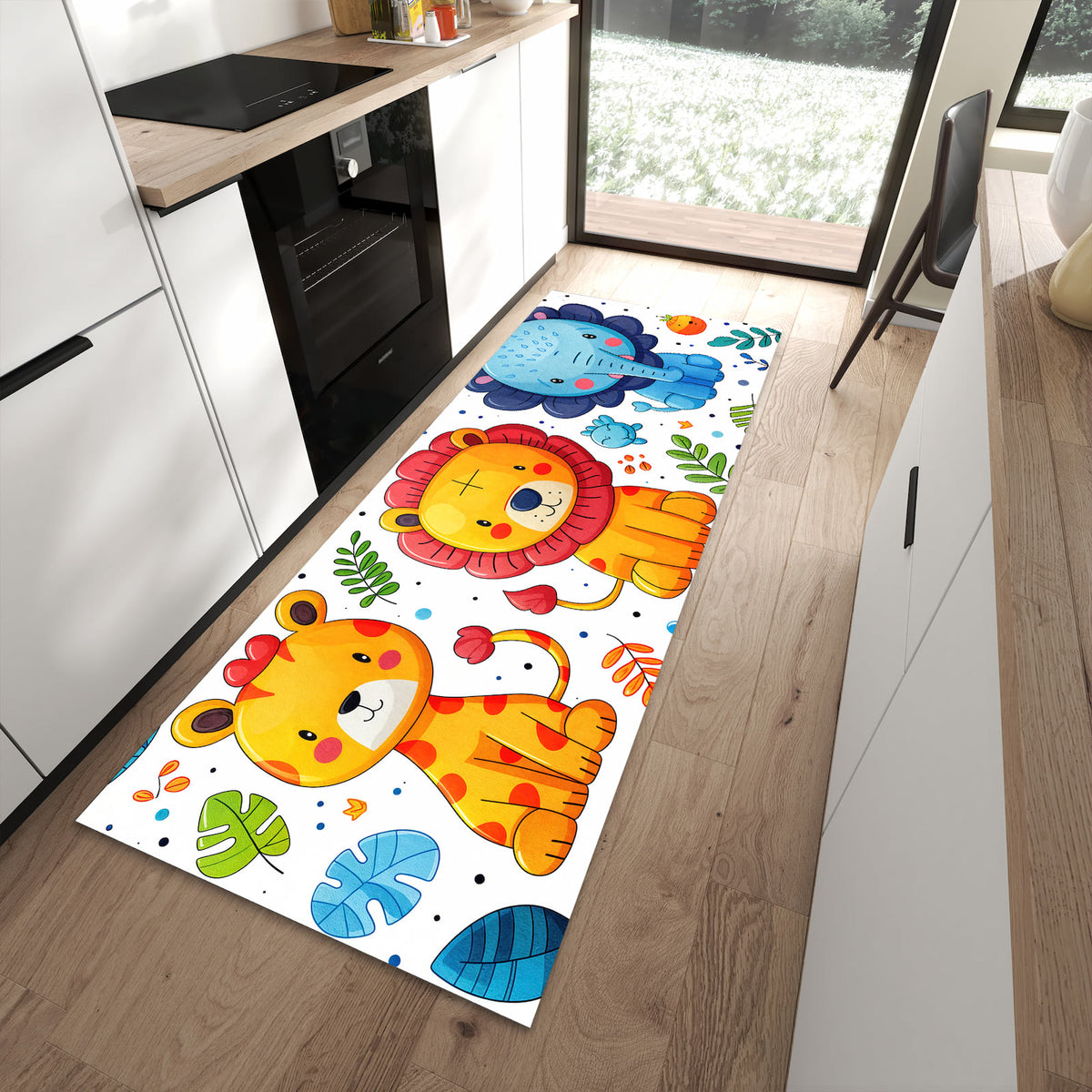 Leicht zu reinigender Küchenteppich mit Motiv Tierisches Design in moderner Küche