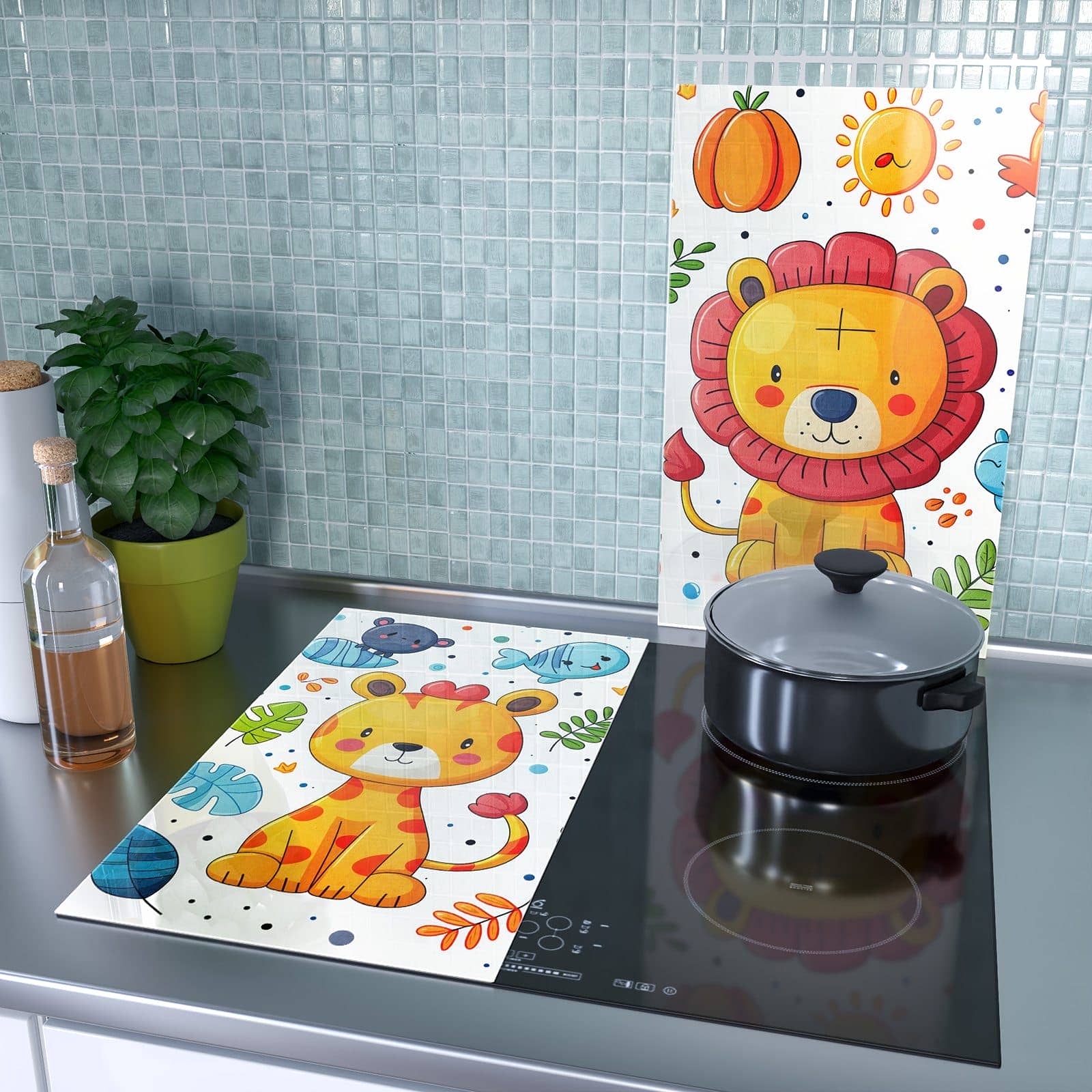 2-teilige Herdabdeckung für Induktionsfeld mit Tierisches Design-Motiv als Spritzschutz hinter dem Kochfeld
