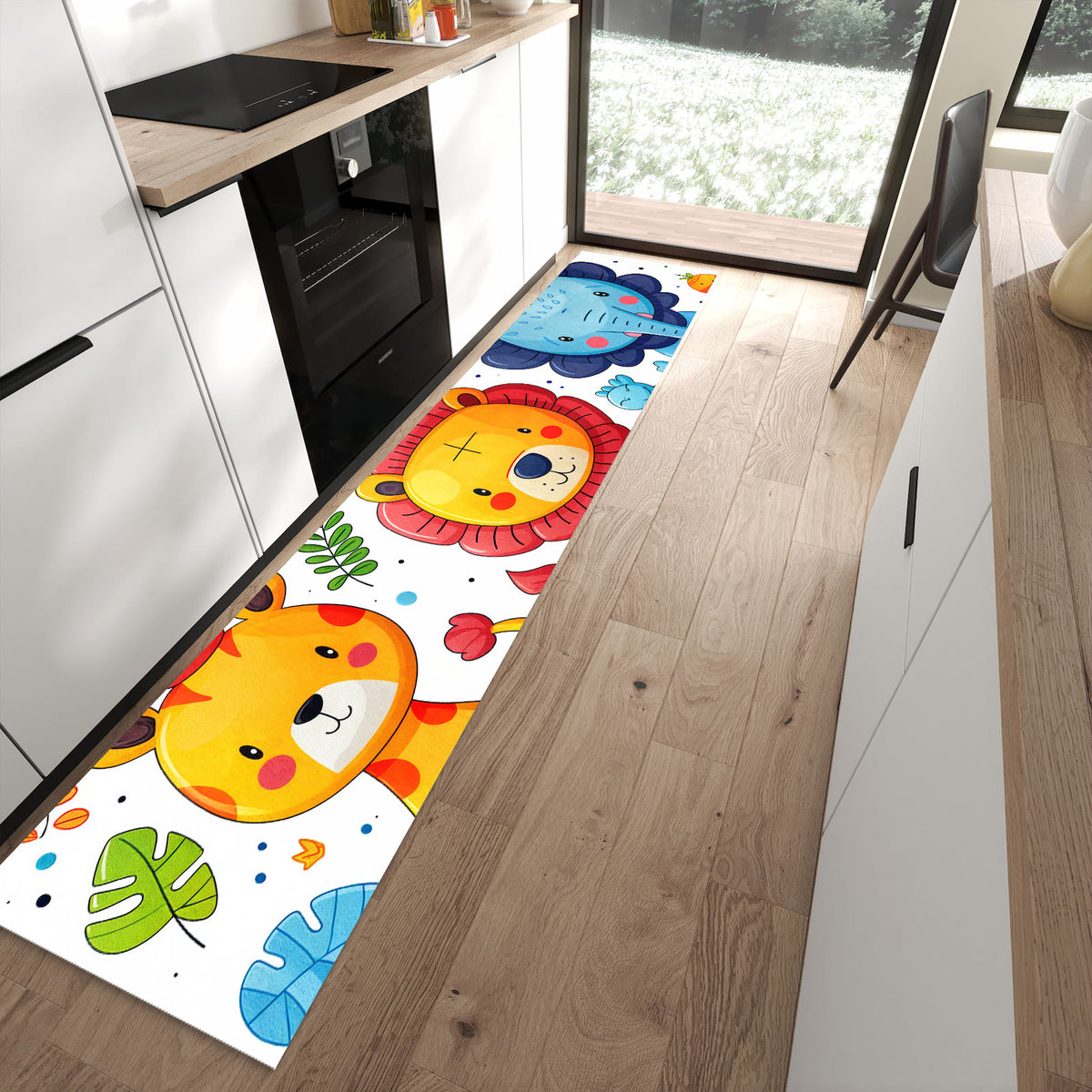 Schmutzabweisender Bodenläufer mit Motiv Tierisches Design in moderner Küche