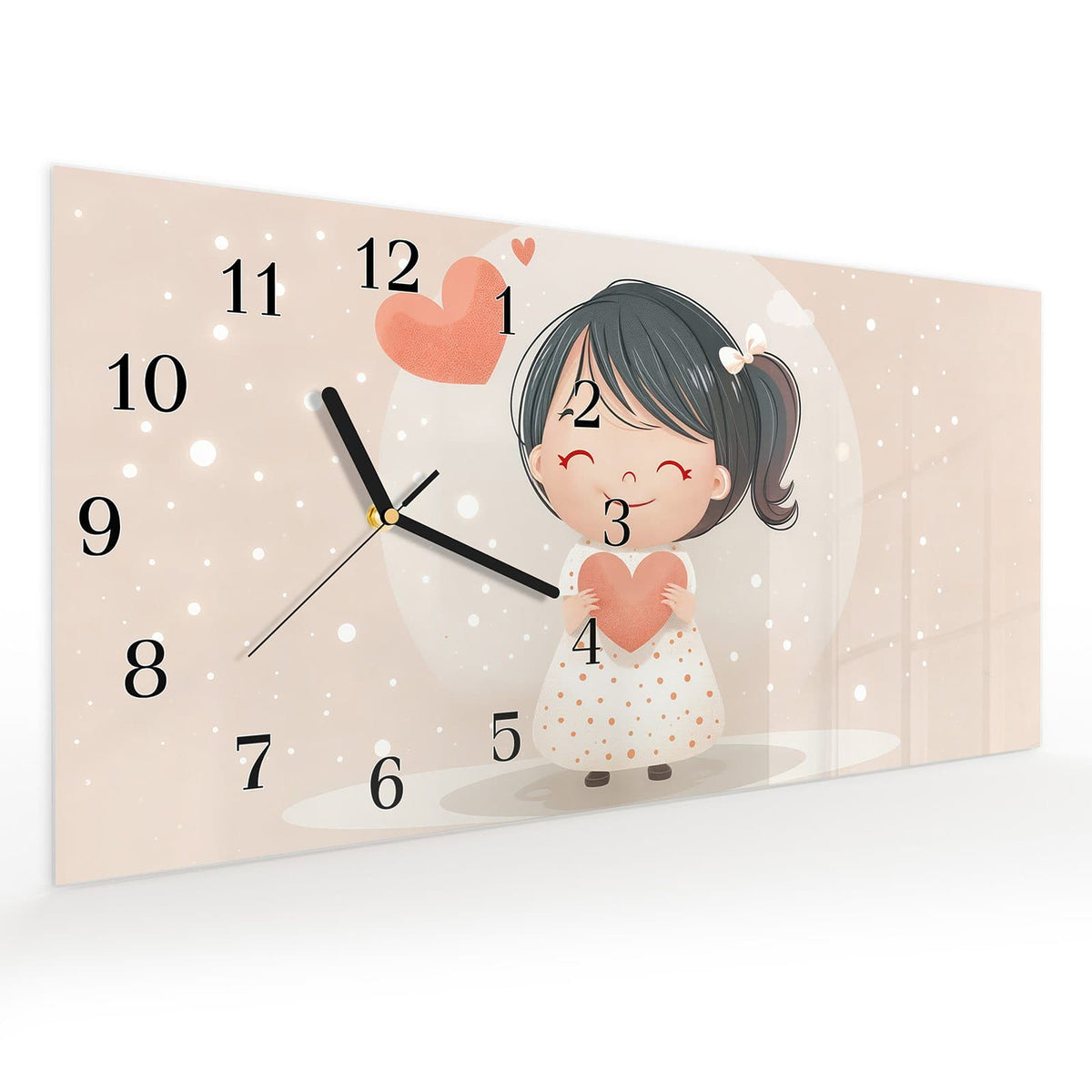 Vormontiert – mit Schwebeeffekt – Wanduhr Herziges Maedchen Herz aus Glas – Querformat 60 × 30 cm