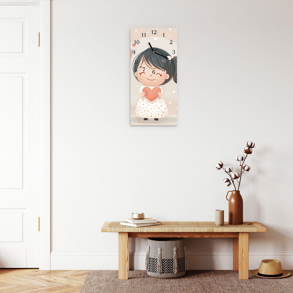 Moderne Wanduhr aus Glas mit Farbtiefe – Wanduhr Herziges Maedchen Herz aus Glas – Hochformat 30 × 60 cm
