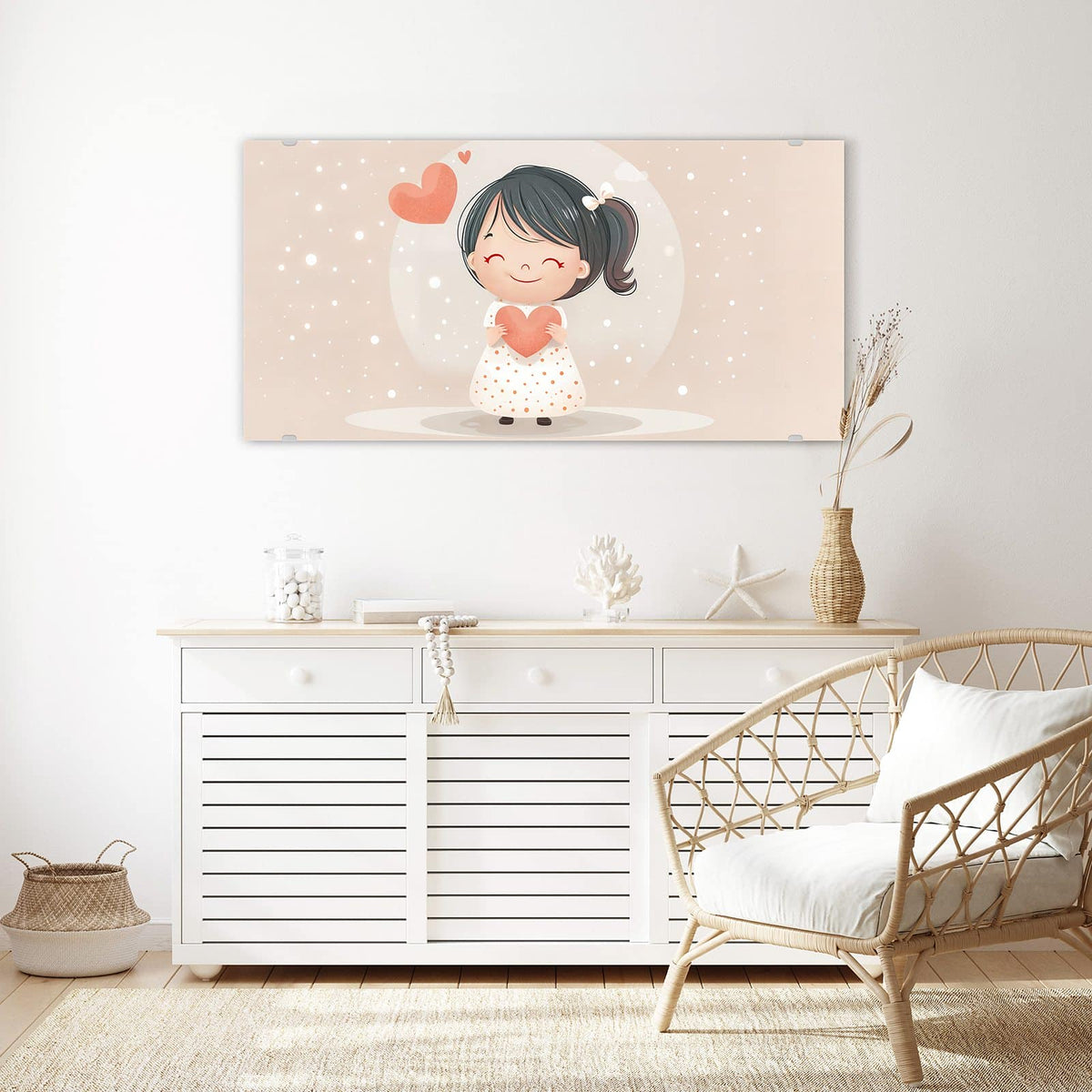 Echtglas, 4 mm – kein Acryl, keine Folie – Wandbild - Mädchen mit zwei Herzen - Querformat