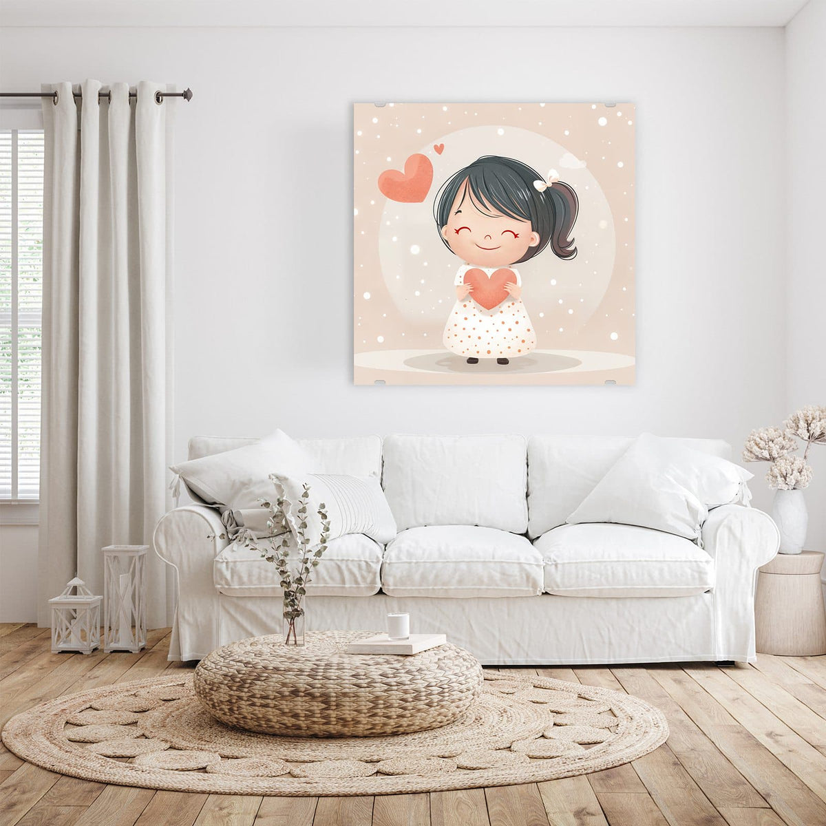 Glasbild Mädchen mit zwei Herzen an der Wand – Illustration: lachendes Mädchen mit Zopf hält ein korallenrotes Herz, ein zweites schwebt links daneben, beige-rosa Grund