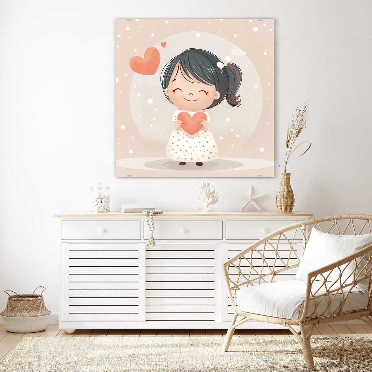 Echtglas, 4 mm – kein Acryl, keine Folie – Wandbild - Mädchen mit zwei Herzen - Quadratisch