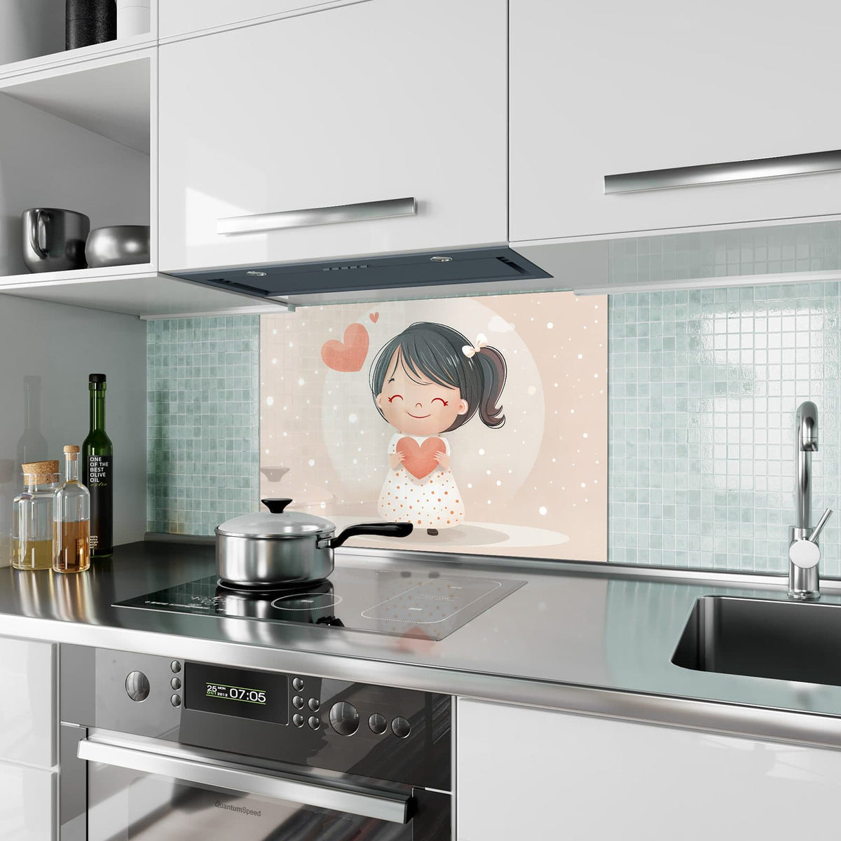 Küchenrückwand aus Glas Mädchen mit zwei Herzen im Hochformat als Spritzschutz hinter dem Kochfeld, über dem Fliesenspiegel montiert