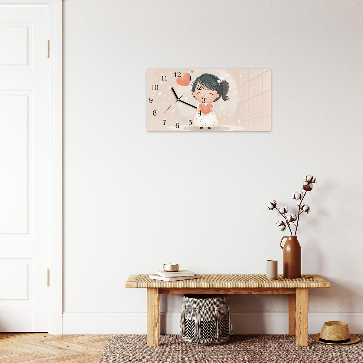 Moderne Wanduhr aus Glas mit Farbtiefe – Wanduhr Herziges Maedchen Herz aus Glas – Querformat 60 × 30 cm