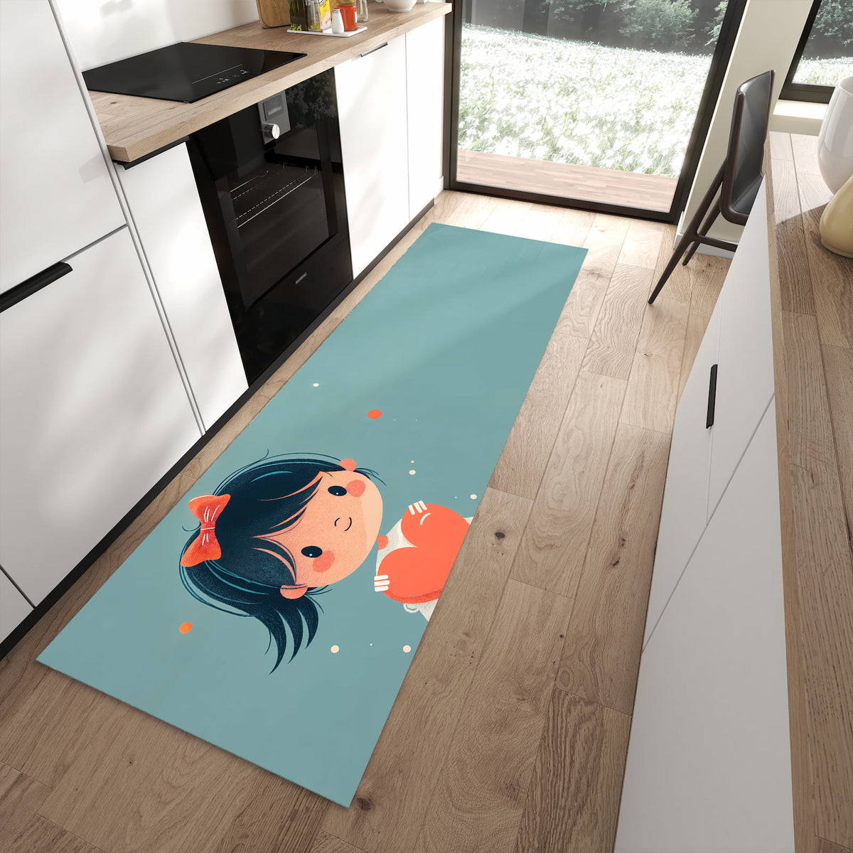 Komfortabler Küchenteppich mit Motiv Herzliches Mädchen in moderner Küche